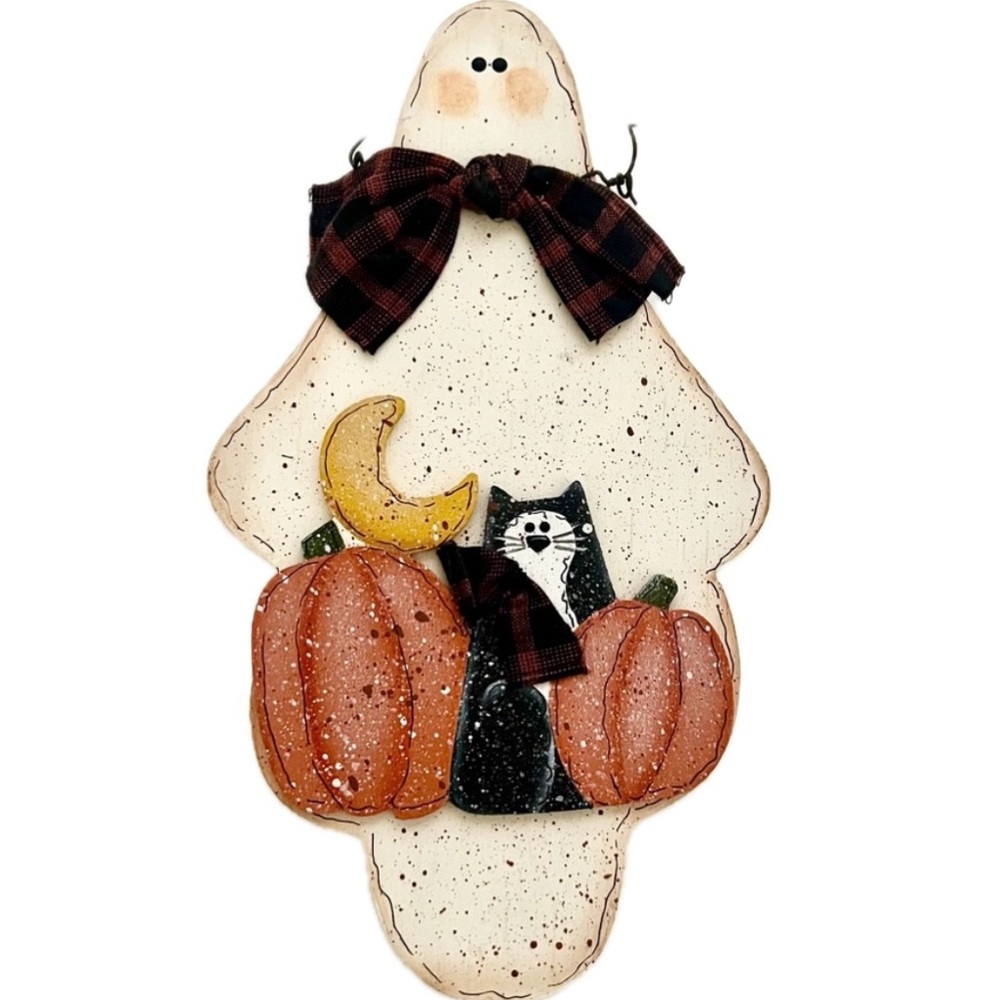 Vtg 1990s Halloween Ghost Door Hanger with Pumpkins and Cat Artist Signed 1999
